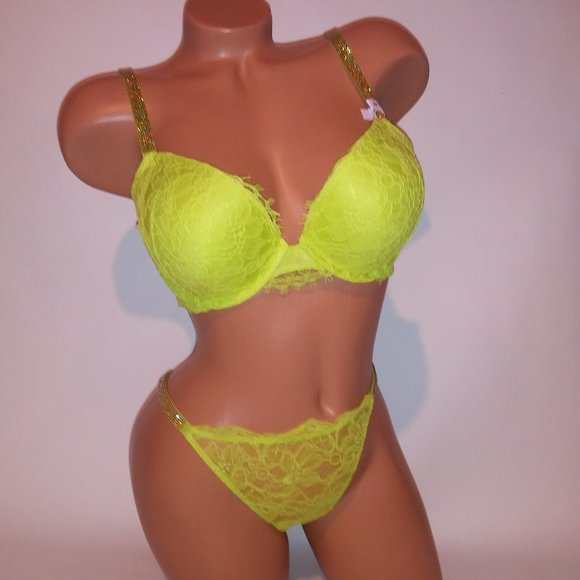 Victoria Secret Bra Set 36C Push Up Medium Thong Panty Yellow-Green Shine Strap - Picture 4 of 12